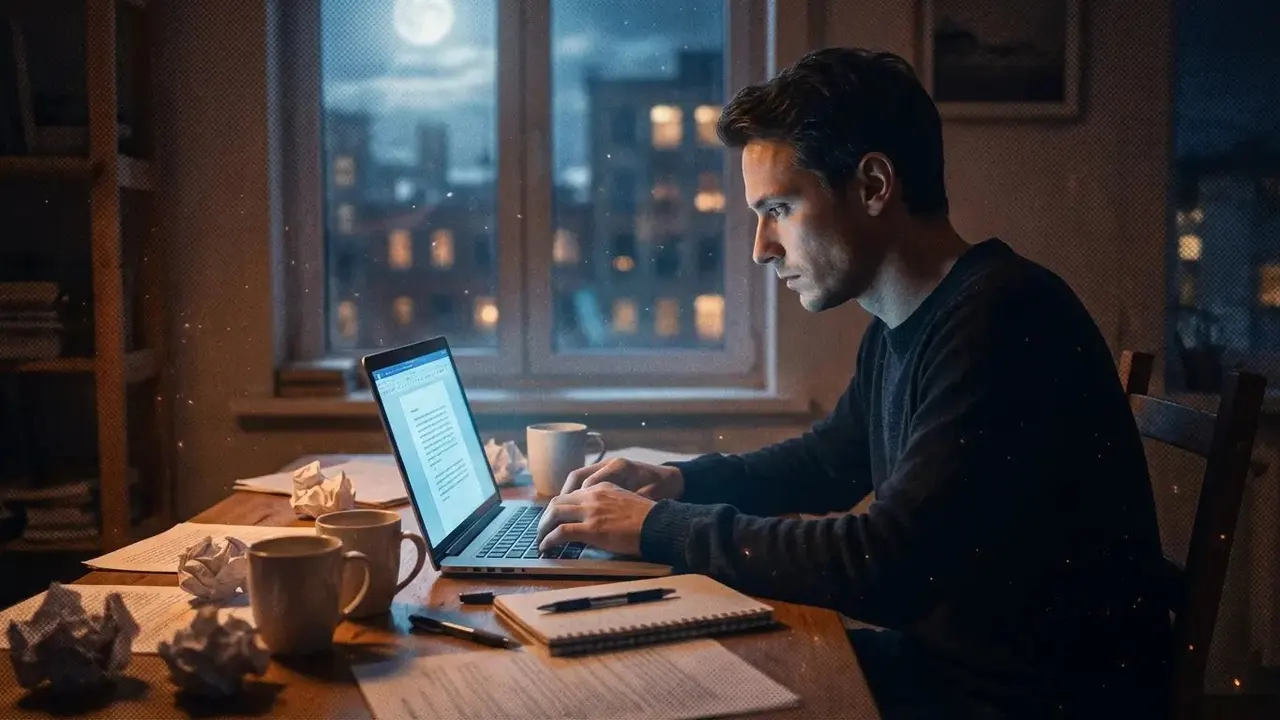 Writing at a desk at night
